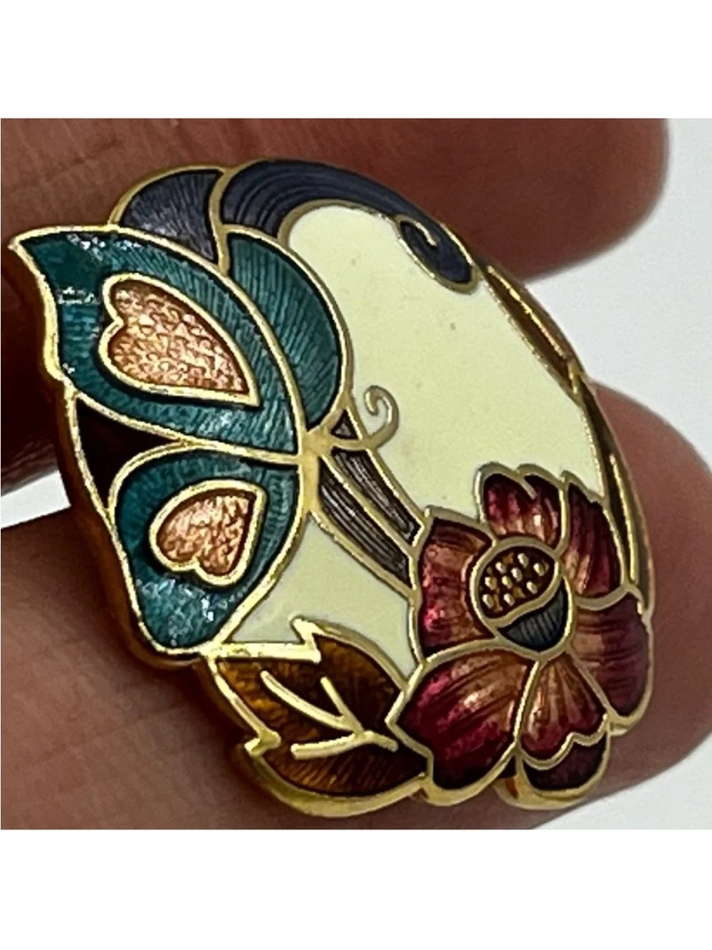 Vintage Chinese cloisonné enamel gold tone pierced earrings flower butterfly